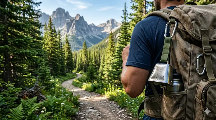 A close-up of a silver bear bell attached to a hiker's backpack with a scenic mountain trail in the blurred background. bear bell for hiking worth it