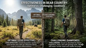 A split-screen illustration showing the pros and cons of using a bear bell for hiking in different terrains.
