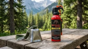 A comparison graphic showing a bear bell for hiking alongside a canister of bear spray on a wooden table.