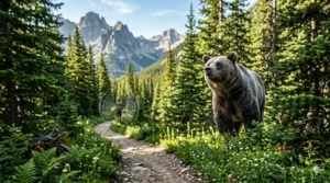 A stylized illustration of a grizzly bear lifting its head in the distance after hearing the jingle of a hiker's bell.