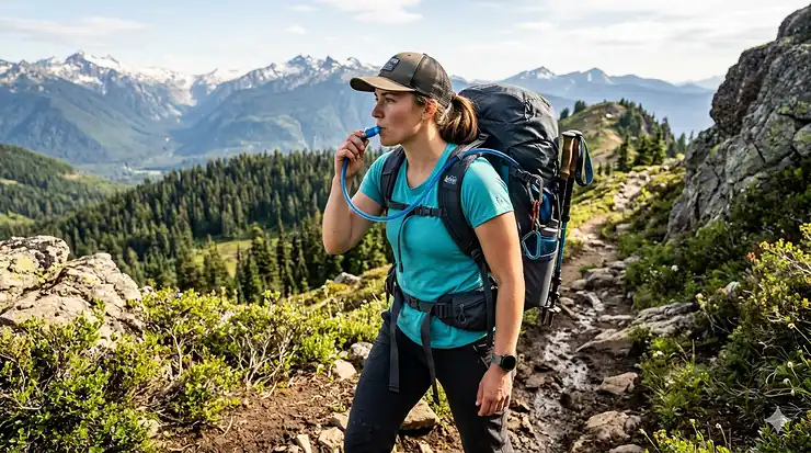 A hiker drinking from a blue hydration bladder tube while trekking on a mountain trail. hydration bladder for hiking