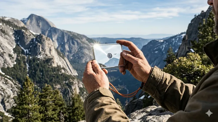 A hiker using a glass signal mirror for survival to flash sunlight toward a rescue plane in a mountain valley.