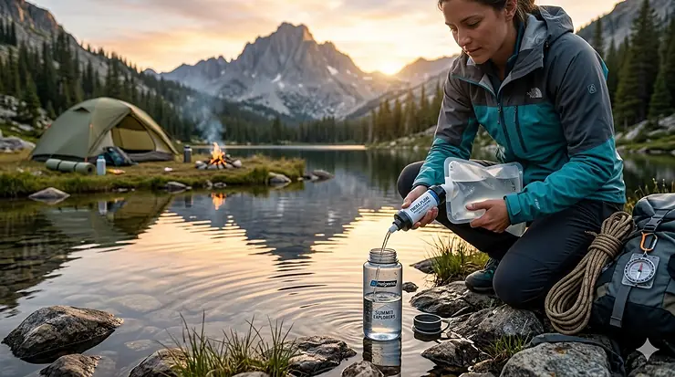 A lightweight portable water filter for camping being used at a scenic mountain lakeside.