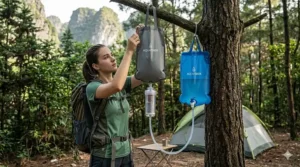 Illustration of a hiker setting up a gravity water filter at a wilderness campsite.