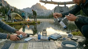 A camper backflushing a water filter for camping to maintain high flow rates and longevity.