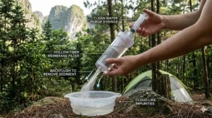 Graphic showing how to backflush a gravity water filter for camping to maintain flow rate.