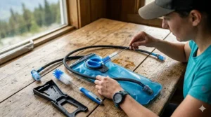 A step-by-step illustration of how to clean a hiking hydration bladder using a brush kit.