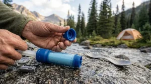 A step-by-step illustration showing how to blow air through the LifeStraw to clear the filter after use.