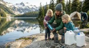 Illustration showing how to clean the quartz sleeve of a UV water purifier for optimal camping performance.