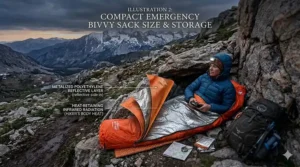 A size comparison of a folded emergency bivvy sack next to a standard smartphone to show portability.
