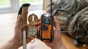 A hand holding a compact PLB emergency beacon to demonstrate its lightweight and portable design for ultralight backpacking.