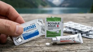 A close-up showing the compact, lightweight foil packaging of various water treatment tablets.