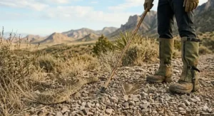 Hikers trekking through a rocky desert landscape equipped with lower leg snake protection.