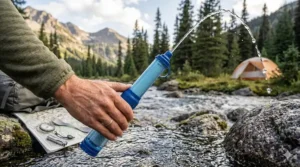 Illustration of a camper kneeling by a riverbank using a LifeStraw to safely hydrate during a trek.