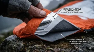 Close-up view of the tear-resistant, windproof, and waterproof fabric used in modern emergency bivvy sacks.