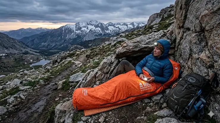 A hiker using an orange emergency bivvy sack to stay warm during an unexpected overnight stay in the mountains.