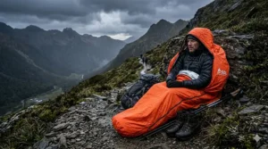 A hiker inside a thermal emergency bivvy sack seeking shelter during a mountain storm to prevent hypothermia.