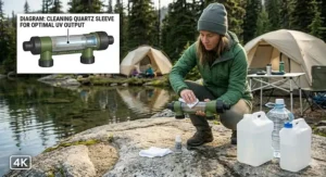 A handheld UV water purifier displayed as part of an emergency survival gear kit for remote camping.