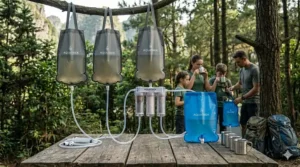Illustration of a high-capacity gravity water filter for camping providing clean water for a group.