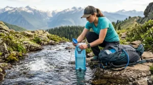 Illustration of a wide-mouth hydration bladder being filled at a mountain stream.
