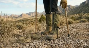 Pair of foldable snake gaiters for hiking packed neatly next to a backpack.