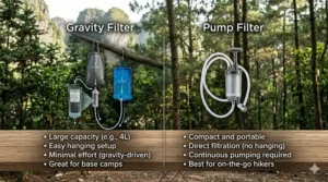 Comparison chart between a gravity water filter for camping and a manual pump filter.