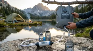 A hanging gravity water filter for camping groups filtering large batches of river water.