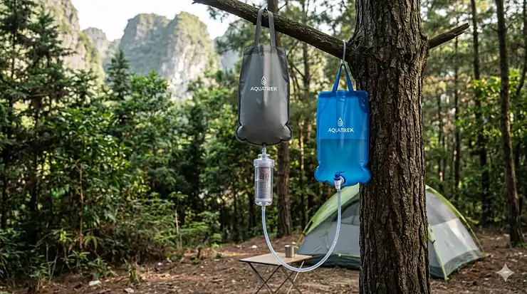 A large gravity water filter for camping hanging from a tree branch in a forest setting.