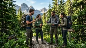 A group of hikers on a trail discussing if bear bells are worth it while wearing safety gear.