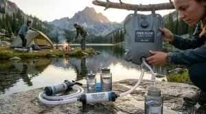 Manual hand pump water filter for camping designed to remove bacteria and protozoa from murky water.