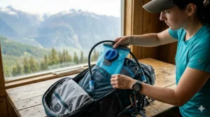Illustration showing how to secure a hydration bladder inside a hiking backpack's internal sleeve.