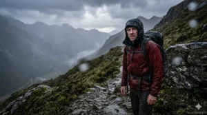 A dark, rainy trail at dusk illustrating the dangerous conditions where an emergency bivvy sack is required.