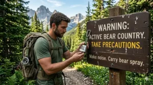 An illustration of a trail sign warning of bear activity with a hiker checking their bear bell attachment.