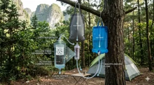 Diagram showing how a gravity water filter for camping uses elevation to purify water.
