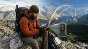 Diagram showing a PLB emergency beacon sending a 406 MHz signal to a satellite network and rescue coordination center.