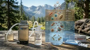 An infographic illustrating the chemical action of tablets neutralizing bacteria and viruses in raw water.