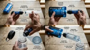 A step-by-step diagram showing how to attach a Sawyer water filter to a standard plastic water bottle.