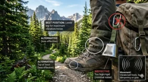 A detailed diagram showing the best place to attach a bear bell to a hiking boot or pack for maximum noise.