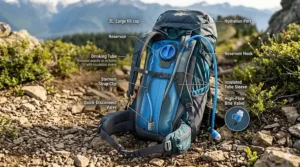 An illustrated diagram showing the components of a 2-liter hydration bladder for hiking.
