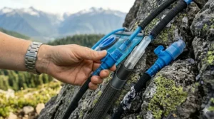 Illustration of a quick-release tube connector on a hiking hydration bladder for easy refilling.