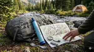 An illustration of a LifeStraw filter placed next to a camping backpack and a topographical map.