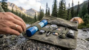 Illustration of a LifeStraw stored inside a waterproof emergency "go-bag" for backcountry camping.
