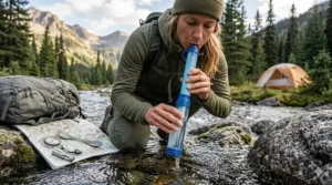 A digital illustration comparing the lightweight LifeStraw to traditional bulky gravity water filters for camping.