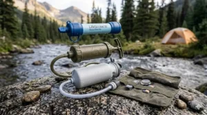 A side-by-side illustration comparing the size and speed of a LifeStraw versus a manual pump water filter.