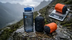 An ultra-lightweight emergency bivvy sack shown next to a standard water bottle to demonstrate its compact size.