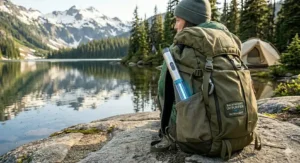 Compact UV water purifier stored in the side pocket of a lightweight backpacking rucksack.