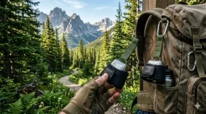 An illustration of a magnetic bear bell silencer being used to stop the ringing when not in bear territory.