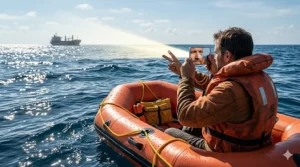 An illustration of a person on a life raft using a signal mirror for survival to alert a distant ship on the horizon.