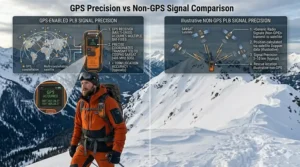 Illustration comparing the 100-meter location accuracy of a GPS-enabled PLB emergency beacon versus standard radio signals.