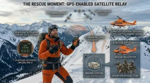 A rescue helicopter locating a stranded traveler using the homing signal from a PLB emergency beacon.